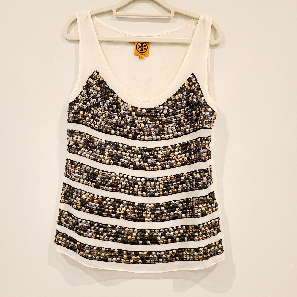 Tory Burch Silk Y2K Sequin Mixed Metal Sequin Stripe Sheer Tank Top Blouse